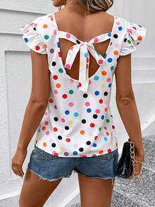 SHEIN Clasi 波點印花後繫帶飄袖襯衫 - 白色 - 查看 3