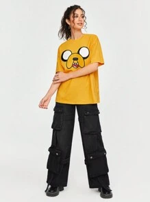 ADVENTURE TIME X SHEIN 卡通图案圆领黄色可爱 T 恤