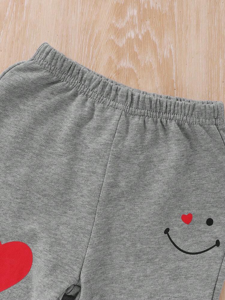 Infant Unisex Casual Heart Pattern T-shirt With Elastic Waist Long Pants Set