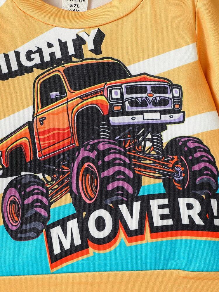 1pc Infant Boys' Cartoon Car And Letter Printed Sweatshirt, Cute And Casual For Daily Wear In Spring