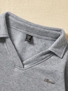 Flirla 大尺碼女款字母印花貼布立領套頭衫 - 灰色 - 查看 4