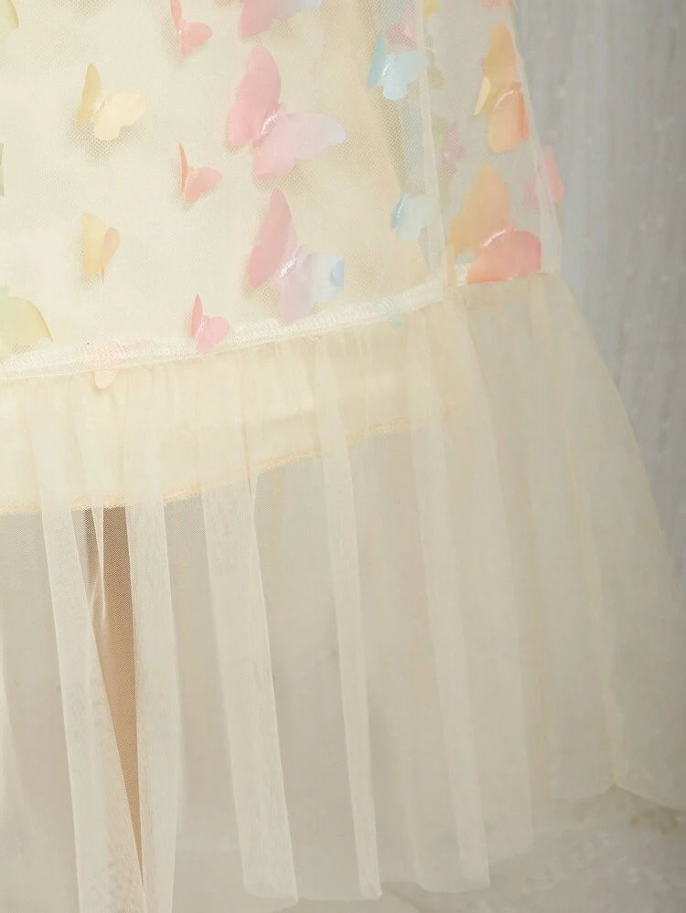 Girls' Butterfly 3d Mesh Cami Dress For Summer, Elegant And Sweet Princess Style