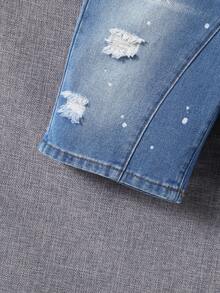 SHEIN Quần short denim ống đứng rách tua rua màu xanh nhạt cho bé trai tuổi teen, mùa hè. - Rửa nhẹ - Xem 5