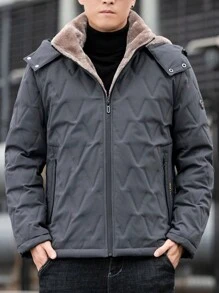 男式加大码保暖内衬拉链连帽绗缝外套（带内层） - 深灰色 - 查看 5