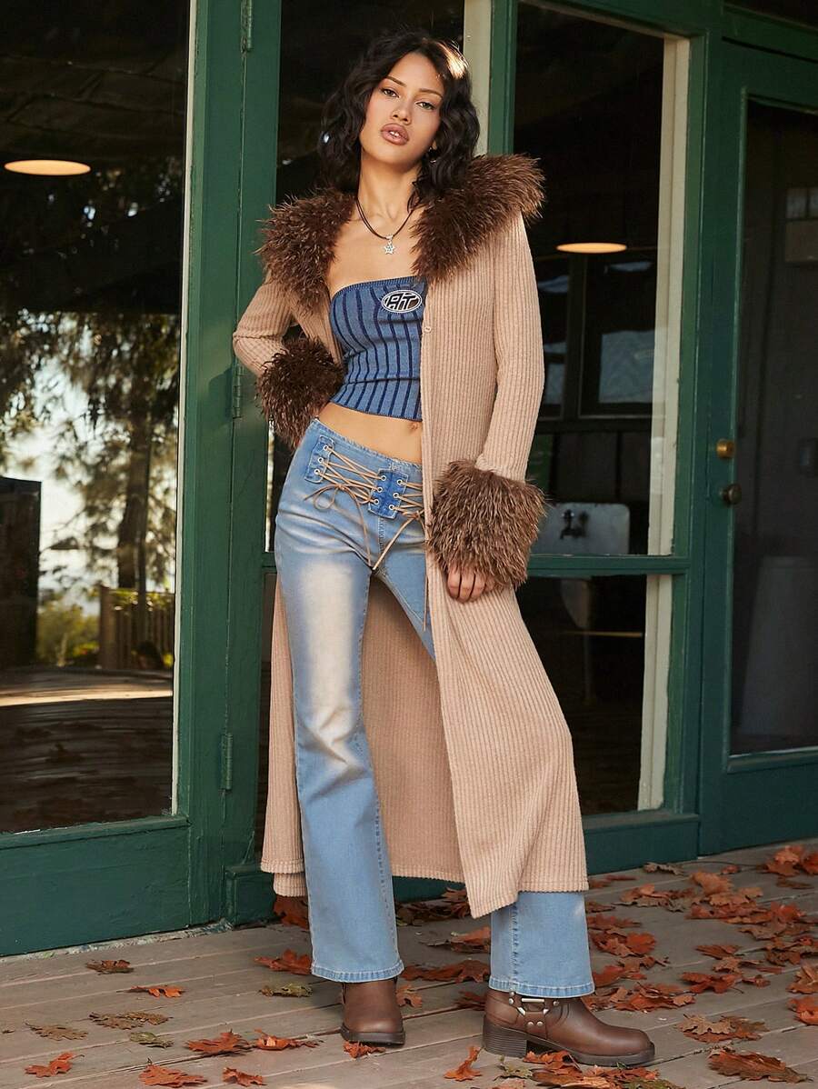 SHEIN EZwear Fuzzy Cuff Longline Coat - بني - مشاهدة 1