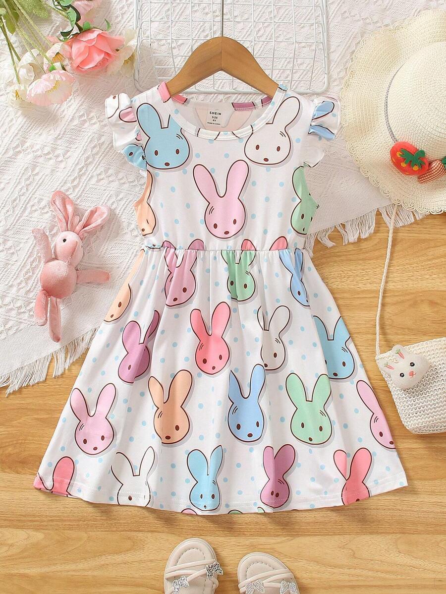 SHEIN Vintaside Kids Young Girl Cartoon Rabbit Head Printed Dress With Ruffle Trim - Multicolor - View 1