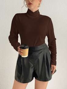 SHEIN Essnce 女裝加大號長袖立領t恤 - 咖啡棕 - 查看 3
