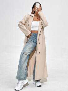 SHEIN Unity 女式翻领双排扣系带大衣 - 杏色 - 查看 1