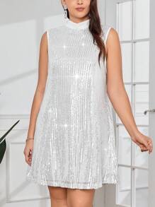 SHEIN Privé 大碼女性優雅閃閃發光的方領綁帶a字裙 - 白色 - 查看 5