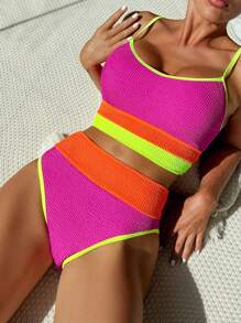 SHEIN Color Block Textured Contrast Neon Trim Bikini Set Bathing Suit, Summer Beach - Multicolor - View 1