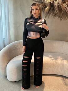 SHEIN SXY Solid Color Ripped Jeans Cargo Jeans Baggy Jeans Spring Summer Women Bachelorette Party Spring Break Birthday Valentine Day Sexy - Black - View 4