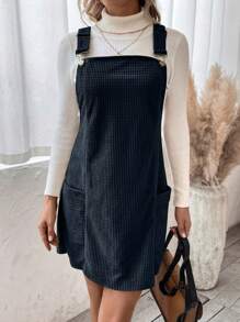 SHEIN LUNE 女士實色帶扣連身裙，設有雙口袋 - 藏蓝色 - 查看 5