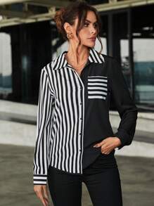 SHEIN Clasi Striped Patchwork Long Sleeve Shirt,Long Sleeve Tops Fall Cloth For Women - Black and White - View 3