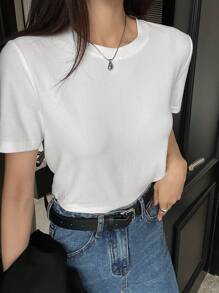 DAZY Basic Round Neck Solid Color Short Sleeve T-Shirt For Women - White - View 7