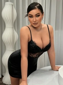 SHEIN SXY 蕾絲拼接下擺開叉吊帶緊身洋裝 - 黑色 - 查看 4