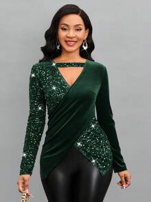 SHEIN Lady 女士閃亮拼接領口露肩交叉綁帶t恤 - 墨綠色 - 查看 3