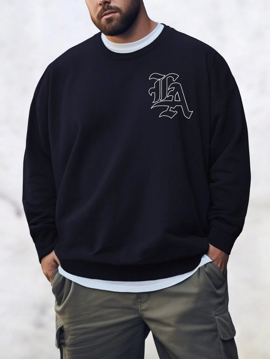 Manfinity 男裝加大碼印字運動衫,長袖 - 藏蓝色 - 查看 1