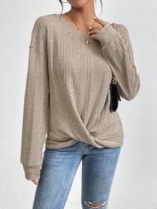 SHEIN Essnce 女裝十字交叉搭配下擺下垂t恤 - 杏色 - 查看 4