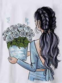 Mulvari Plus Summer Figure Graphic Batwing Sleeve Tee & Pants - Blue and White - View 4