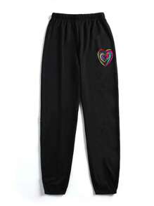 SHEIN EZwear Women'S Heart Pattern Printed Cuffed Sweatpants - Black - View 1