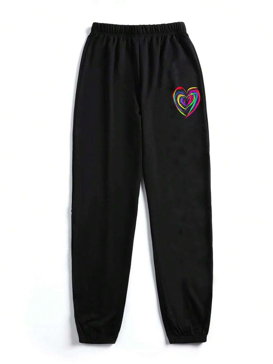 SHEIN EZwear Women'S Heart Pattern Printed Cuffed Sweatpants - Black - View 1