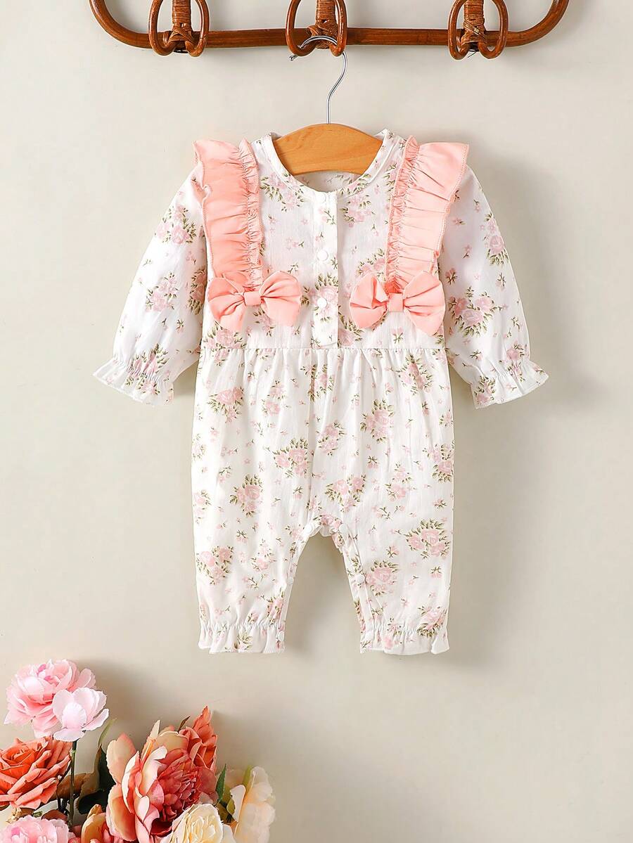 SHEIN 嬰兒女童可愛花卉印花長袖連體褲 - 彩色 - 查看 1