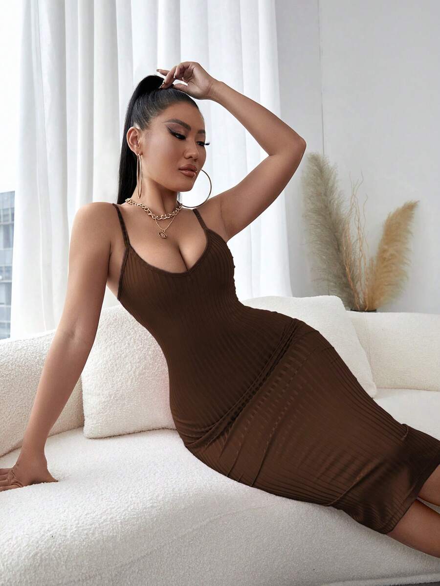 SHEIN SXY Ribbed Knit Slim Fit Cami Dress,Prom Dress - Brown - View 1