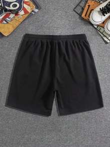 Manfinity Roghcode Pantalones cortos con cordón de cintura con estampado floral y eslogan para hombres, pantalones cortos de sudadera con cordón de moda para salir, regalo para esposo o novio - Negro - Ver 2