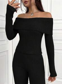 Flirla Off-Shoulder Long Sleeve Sweater And Knitted Long Pants Set Fall Winter Cloth For Women - Black - View 6