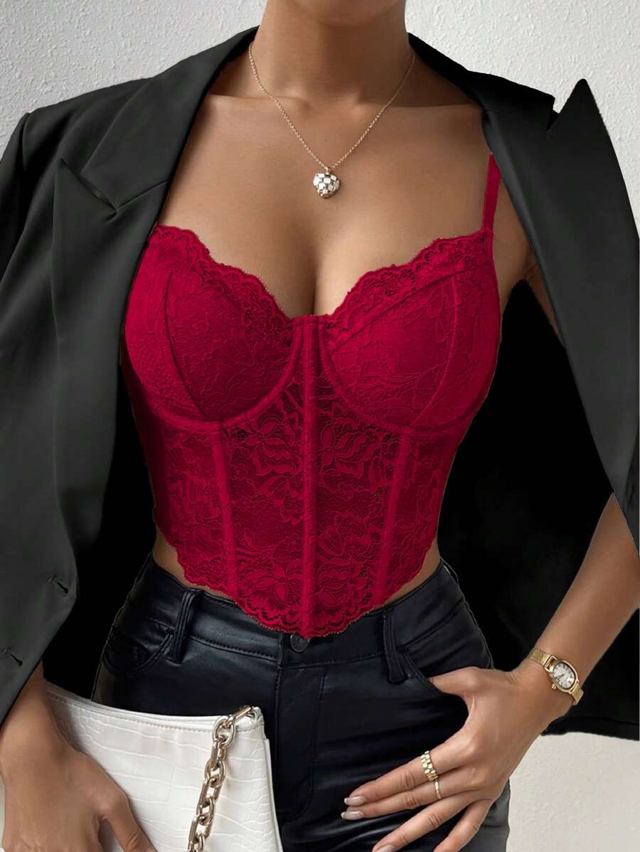 Chiquease Asymmetric Hem Lace Panel Bustier Cami Top - Burgundy - View 1