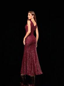 V領雙肩追形亮片褶皺收腰高開叉人魚長洋裝 - 酒紅色 - 查看 2