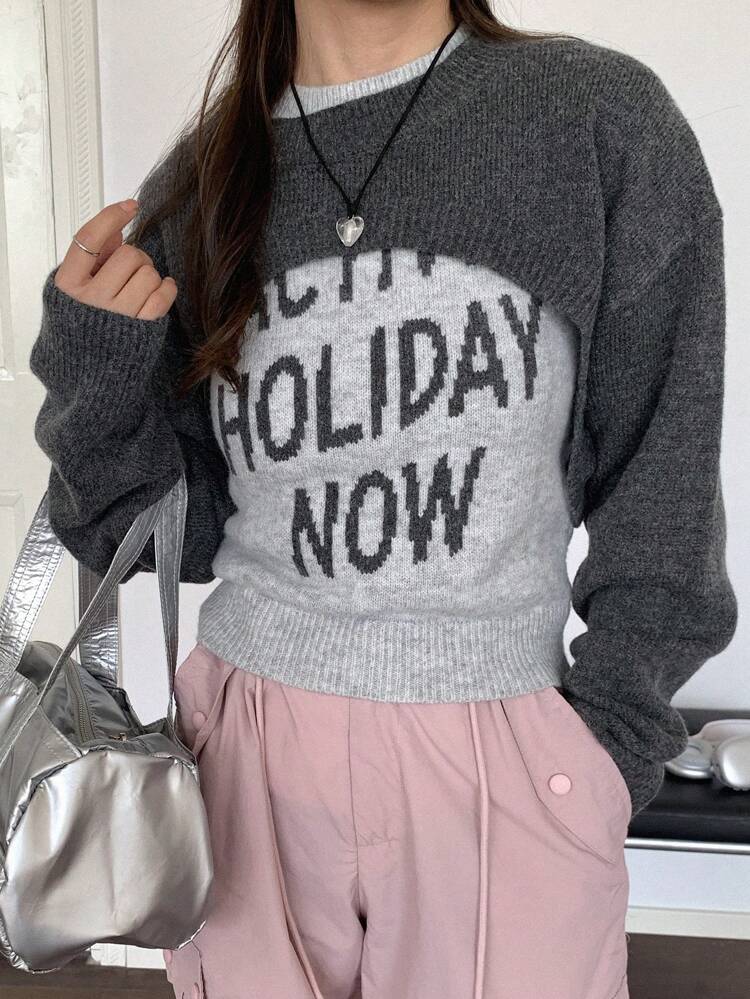2pcs/Set Super Short Sweater And Slogan Pattern Knitted Tank Top