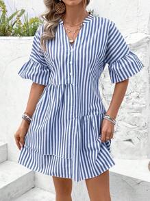 SHEIN VCAY Women's Summer Patchwork Vertical Stripe Dress - Blue - View 5