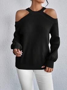 SHEIN Essnce 純色露肩燈籠袖針織衫,背部空心裝飾 - 黑色 - 查看 5
