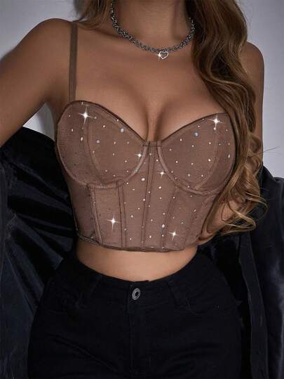 Allurite Top De Camisola De Malla Con Diamantes De Imitación