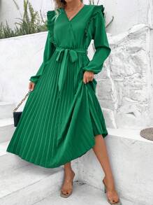 SHEIN Clasi 女式纯色盖袖褶皱系带连衣裙 - 綠色 - 查看 3