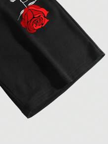 Manfinity Roghcode Pantalones cortos con cordón de cintura con estampado floral y eslogan para hombres, pantalones cortos de sudadera con cordón de moda para salir, regalo para esposo o novio - Negro - Ver 3
