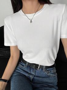 DAZY Basic Round Neck Solid Color Short Sleeve T-Shirt For Women - White - View 6