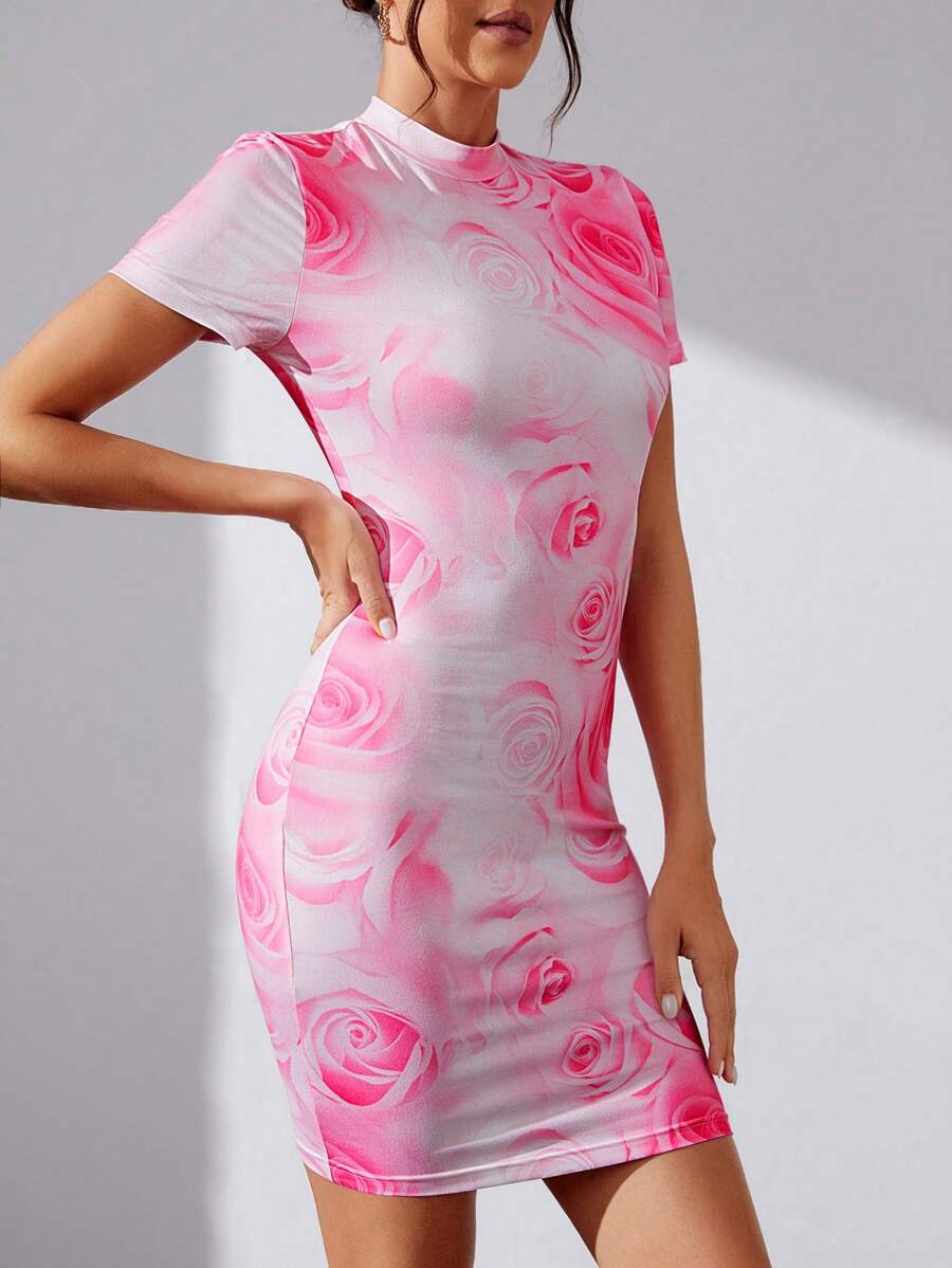 SHEIN Tall Của phụ nữ Thon gọn In hoa Đứng cổ áo Đầm - trắng - Xem 1