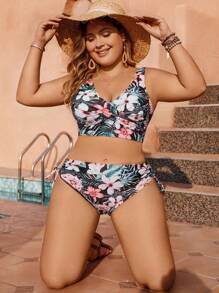 Swim Lushoire Bộ bikini dây rút bên hông in họa tiết nhiệt đới cỡ lớn đi biển mùa hè - Nhiều màu - Xem 6