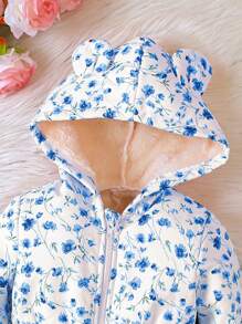 SHEIN Young Girls' Floral Print Hooded Jumpsuit With 3d Ears And Thermal Lined For Autumn/Winter - Blue - View 5