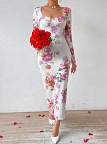 SHEIN Privé Women'S Floral Print Long Sleeve Bodycon Dress - White - View 4