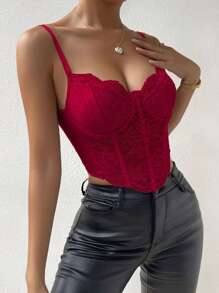 Chiquease Asymmetric Hem Lace Panel Bustier Cami Top - Burgundy - View 5