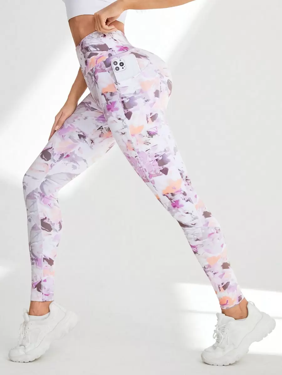 SHEIN Sovereign Charm 女式全印花侧袋运动紧身裤，带手机袋瑜伽裤 - 白色 - 查看 1