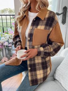 SHEIN Essnce Của phụ nữ Kẻ sọc Vá lại Thả vai Tay áo dài Áo khoác - Màu Khaki - Xem 4
