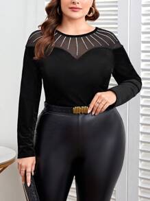 SHEIN Clasi 大尺寸網布拼接長袖上衣 - 黑色 - 查看 1