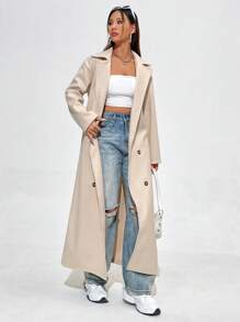 SHEIN Unity 女式翻领双排扣系带大衣 - 杏色 - 查看 5