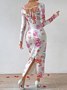 SHEIN Privé Women'S Floral Print Long Sleeve Bodycon Dress - White - View 2