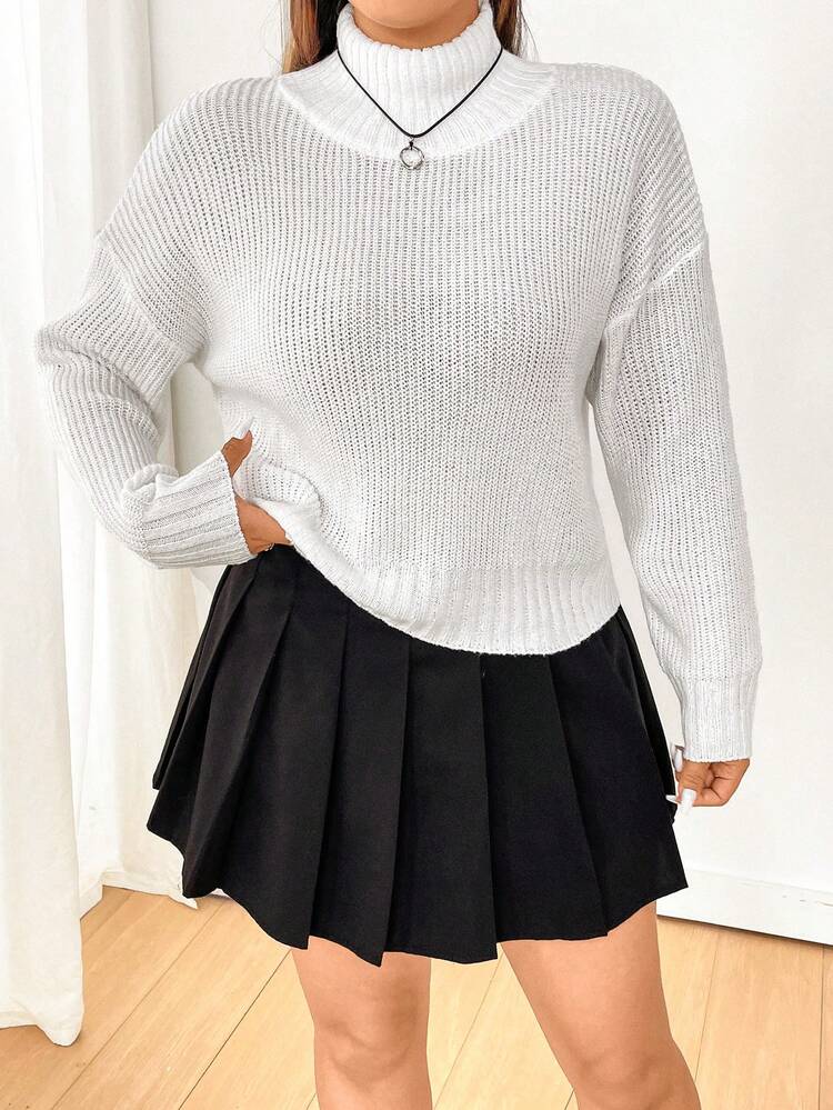Plus Size Solid Color High Collar Drop Shoulder Sweater Knit Pullover Fall Winter