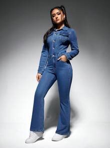 SHEIN EZwear Của phụ nữ Tay áo dài Denim Bùng nổ Áo liền quần - Rửa trung bình - Xem 2
